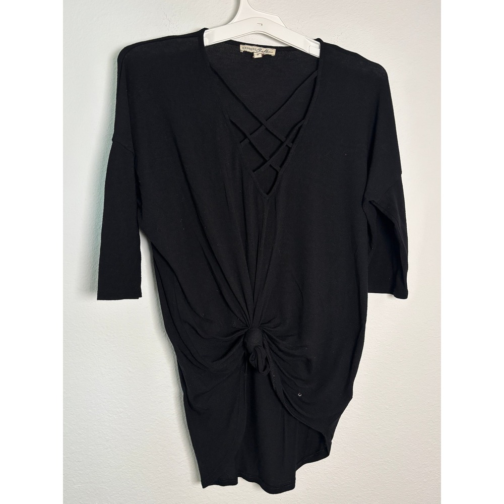 Express One Eleven Black Lattice V-Neck Front Knot Dolman Top Medium